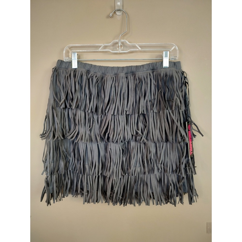 Rock & Roll Denim Womens XL Grey Tiered Fringe‎ Mini Skirt Elastic Waist NWT